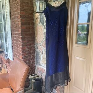 Vintage Y2K Size 6 Blue Glitzy Strap Maxi Dress Black Sheer Overlay Whimsigoth